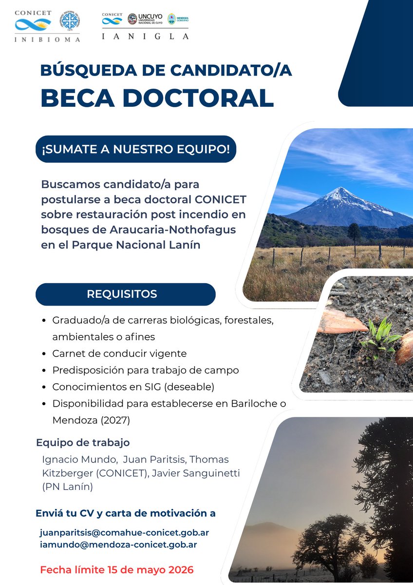 ianigla's tweet photo. 🔥🌱 Beca Doctoral CONICET 2026 – Ecología y Restauración Post-incendio

¿Te interesa la ecología de disturbios, la restauración de bosques y el trabajo de campo en Patagonia?

🧵 https://t.co/sOlm34V53T