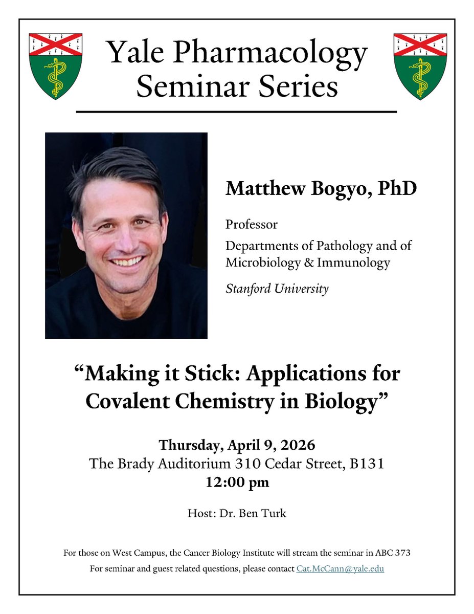 YalePharm's tweet photo. Join us in welcoming our next 2025–2026 Pharmacology Seminar Series speaker, Dr. Matt Bogyo of Stanford University. He will be presenting his work at 12 pm today, Thursday, April 9th, in the Brady Auditorium. https://t.co/Iv3Cdq1dXa