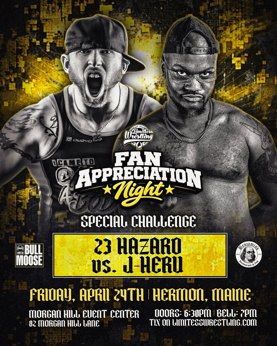 LWMaine's tweet photo. โ
๐๐๐๐
๐๐๐๐๐: 23 Hazard vs. J-Heru has been signed for Fan Appreciation Night on Friday, April 24th at the Morgan Hill Event Center in Hermon, ME!
๐คผ ON THE CARD:
โข Savage Gnomes/Starstruck
โข @_dreyamitchell returns!
๐ TIX: https://t.co/jQrrJTbdbL https://t.co/dc7Mn2XLEO