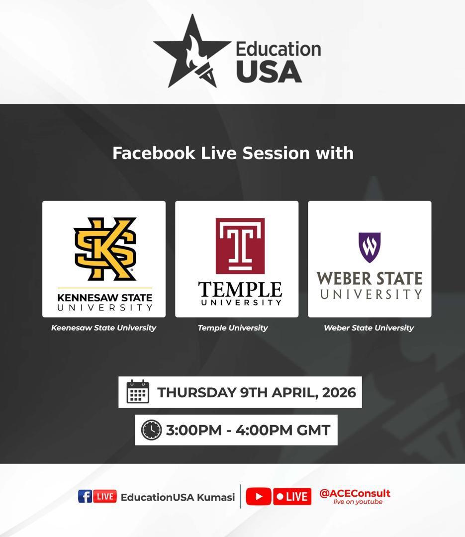 EdUSAGhana's tweet image. We're #live with admissions officials from Temple University, Kennesaw State University and Weber State University for an informative discussion on U.S. Higher Education.

Watch us on Facebook: web.facebook.com/EducationUSAKu…
Watch us on YouTube: youtube.com/@ACEConsult

#StudyInUSA