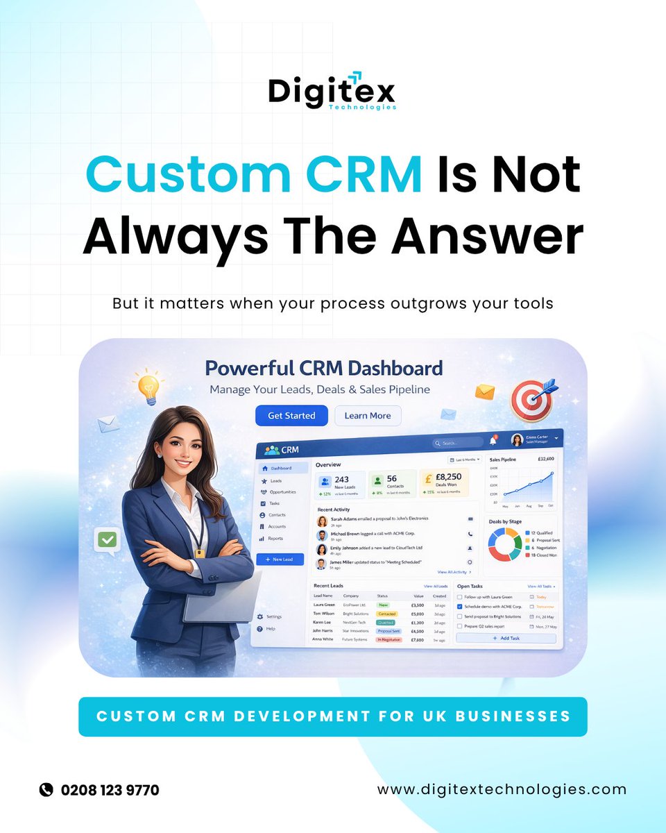 DigitexUK's tweet photo. Not every business needs a custom CRM.

But if your team relies on workarounds, disconnected tools, or manual
reporting, it is worth reviewing.

Talk to Digitex Technologies.

#DigitexTechnologies #CRM https://t.co/9QEjex34BN