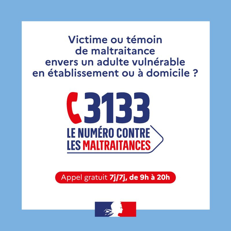 PrefAquitaine33's tweet image. #Prévention 🛡️ |  Victime ou témoin de maltraitance envers un adulte vulnérable en établissement ou à domicile ?

Adoptez le bon réflexe, appelez le 📞3⃣1⃣3⃣3⃣

Numéro gratuit, accessible 7j/7, de 9h à 20h à destination des victimes, proches, aidants ou témoins.