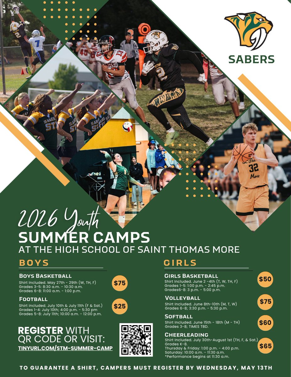 STMoreAD's tweet photo. 🚨 2026 YOUTH SUMMER CAMPS 🚨

Sign up by Wednesday, May 13th to guarantee a shirt! 

Link to sign up - https://t.co/qPR8Vz0HDF https://t.co/j8BJfCwLR2