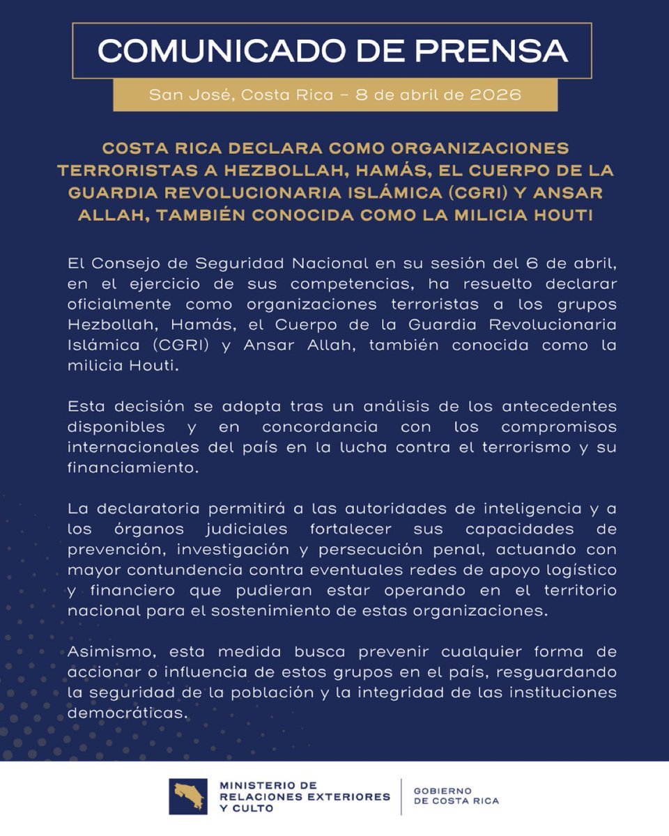 Il Costa Rica dichiara Hezbollah, Hamas, il Corpo delle Guardie della Rivoluzione Islamica (IRGC) e Ansar Allah, nota anche come milizia Houthi, organizzazioni terroristiche.

Il Costa Rica.

Comincio davvero a domandarmi se l'Europa sia ancora l'avanguardia della civilizzazione.