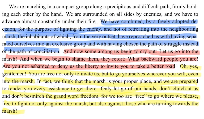 stalinlibrary's tweet photo. "Some among us begin to cry out: Let us go into the marsh! ... You are free ... to go wherever you will, even into the marsh. ... We too are 'free' to go where we please, free to fight not only against the marsh, but also against those who are turning towards the marsh!"
- Lenin https://t.co/fCdVCFNnha