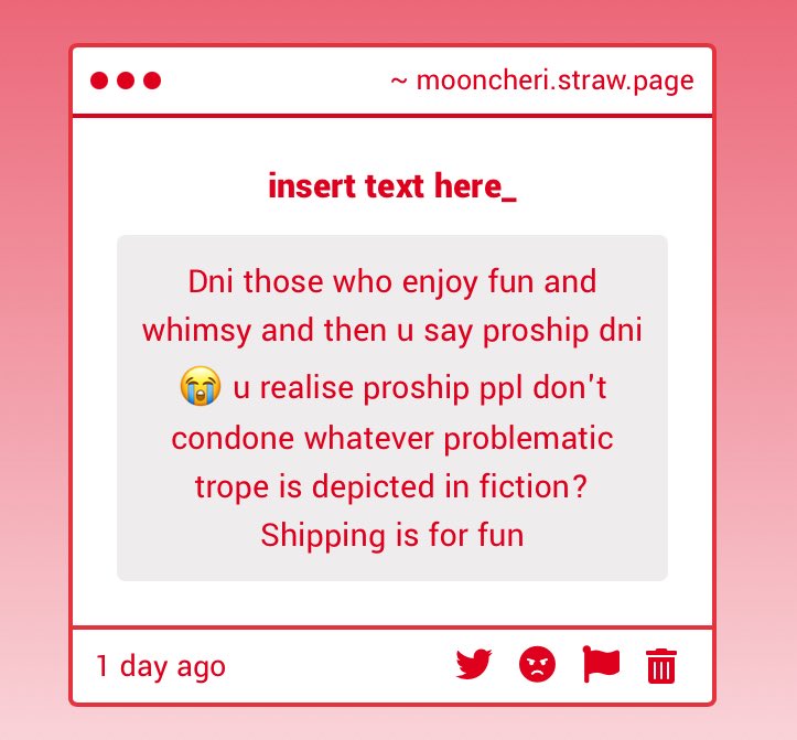 the “don’t enjoy fun and whimsy” was supposed to be lighthearted and doesnt really have anything to do with shipping, and most of the of ppl who use “proshipper” do in fact condone problematic tropes so i think i’ll keep it there anon… shipping is for fun until it’s of a crime