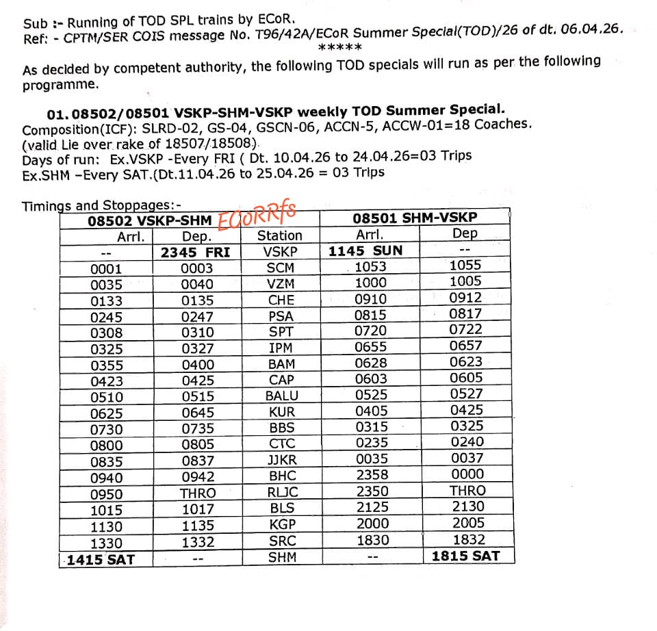 Running of 08502/08501 #Visakhapatnam - #Shalimar - VSKP TOD Summer Special by <a href="/EastCoastRail/">East Coast Railway</a>

*Total 3 No of Trips.*

Composition(ICF): SLRD-02, GS-04, Sleeper-06, 3rd AC-5, 2nd AC -01=18 Coaches. (Lie over rake of 18507/18508)