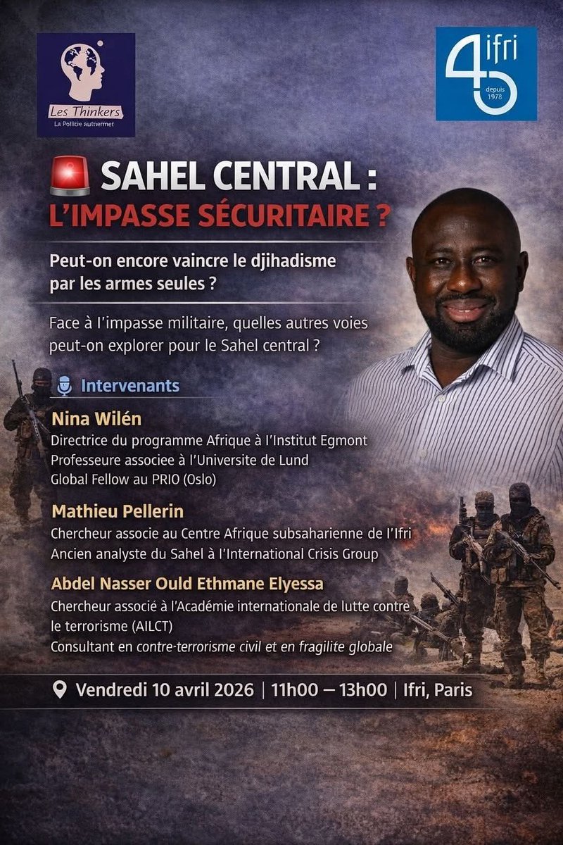 bohui37's tweet photo. Demain, vendredi 10 Avril, je vais représenter le cercle de réflexion politique indépendant et libéral @lesthinkers225 , à l’occasion d’une conférence de haut niveau organisée par @IFRI_
L'objectif :  repenser la réponse sécuritaire au Sahel Central. https://t.co/qF0PUTZar3