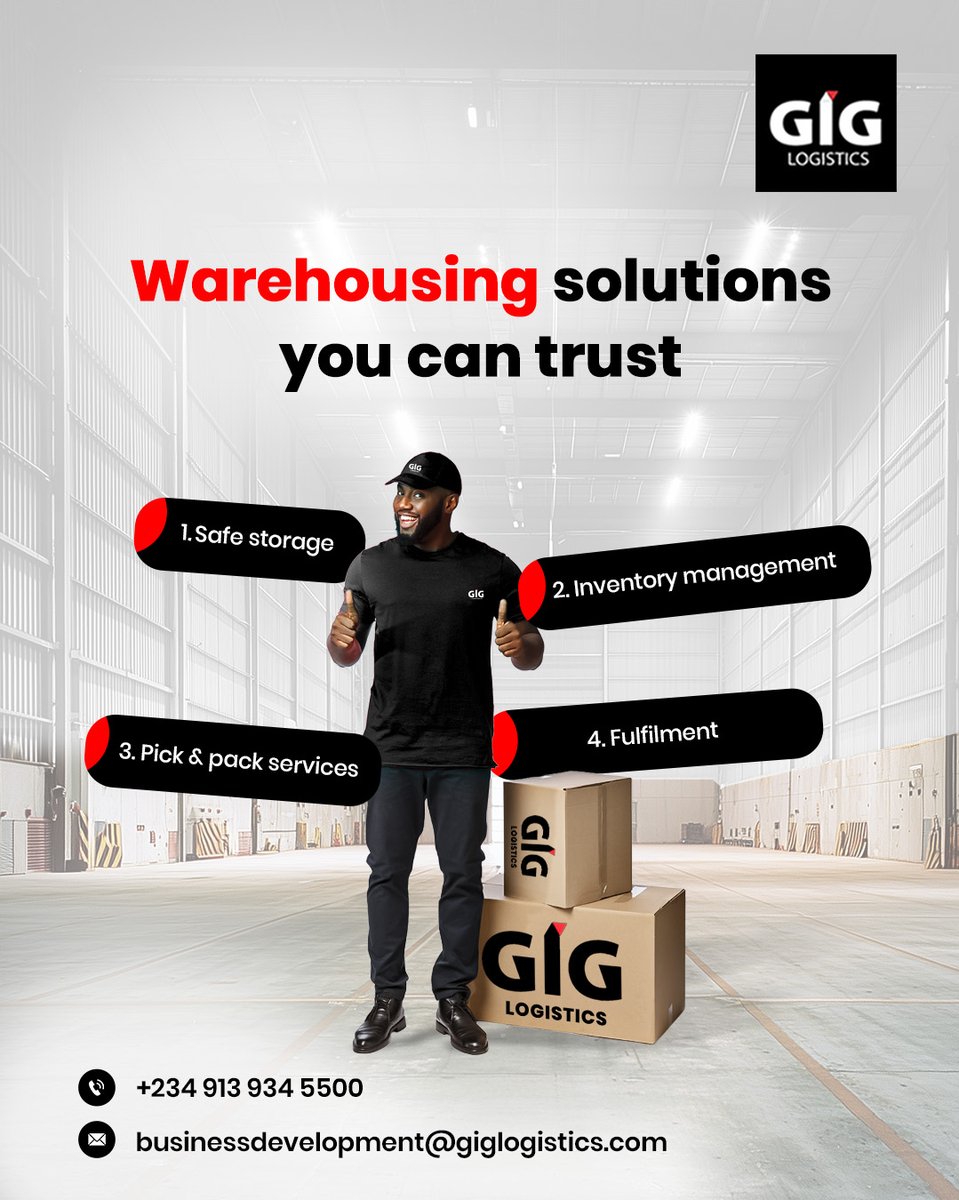 GiGLogistics's tweet image. Storage. Inventory. Pick &amp;amp; Pack. Fulfilment.

Everything your business needs to run smoothly in one place.

To get started:
 📩businessdevelopment@giglogistics.com 
or 
📞 +234 913 934 5500

#Warehousing #Fulfilment #WeDeliver #GIGLogistics