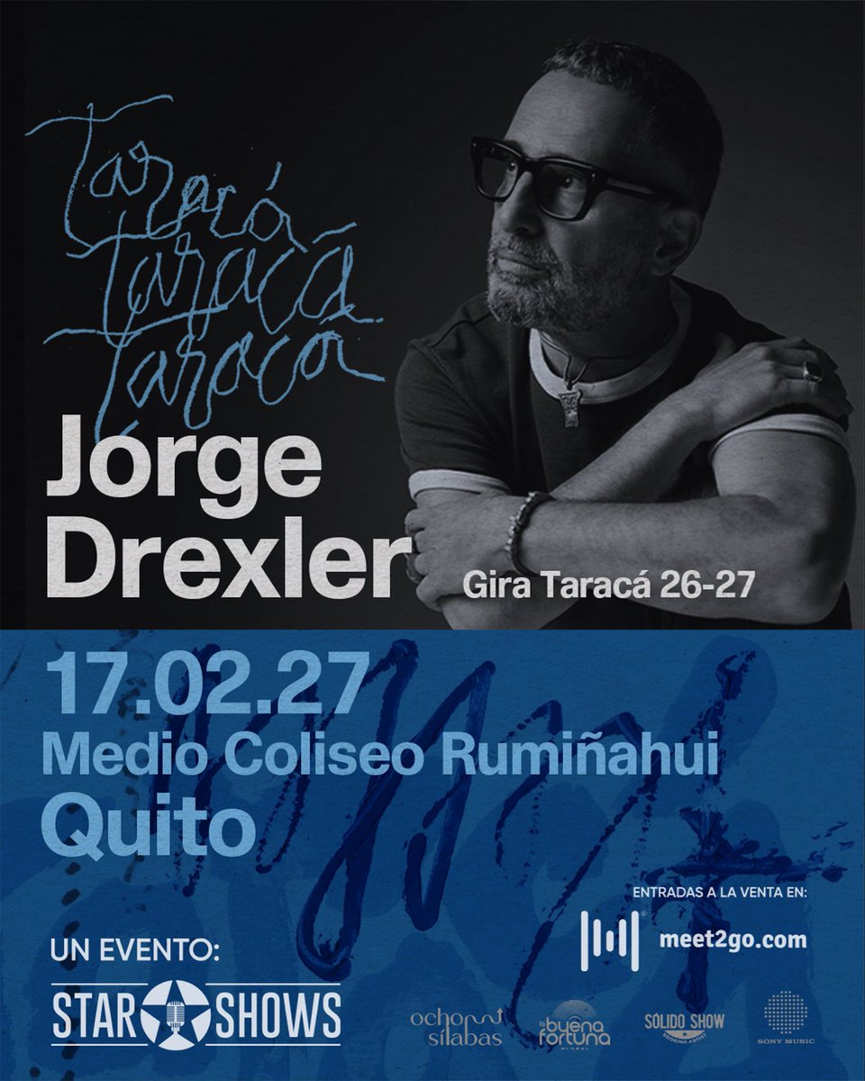 Jorge Drexler vuelve a Quito con su GIRA TARACÁ 🎧
El reencuentro con el público de Ecuador, cuatro años después, en una única fecha en el país 🔥
📍Quito, 17 de febrero del 2027 - Medio Coliseo Rumiñahui 

🎫 Entradas à la venta desde este viernes 10 de abril, 10 am, en meet2go