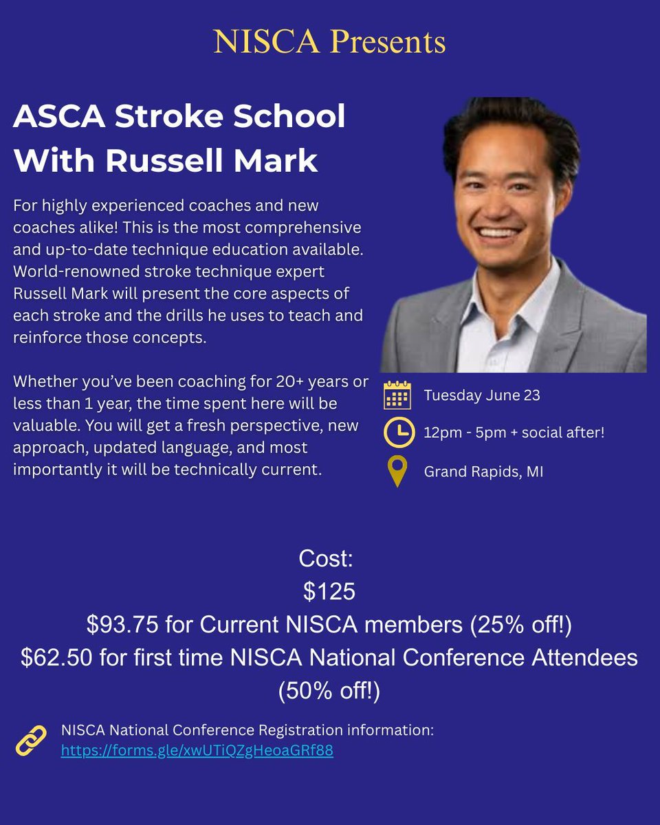 NISCAswim's tweet photo. The ASCA Stroke School is a great opportunity to get one on one instruction in technique in a small group setting with the incredible Russell Mark. Plus, if you're a NISCA member or Conference Attendee, you get a discount!! Register today: https://t.co/7uVNQgSGQ8 https://t.co/3zOHAogtZj