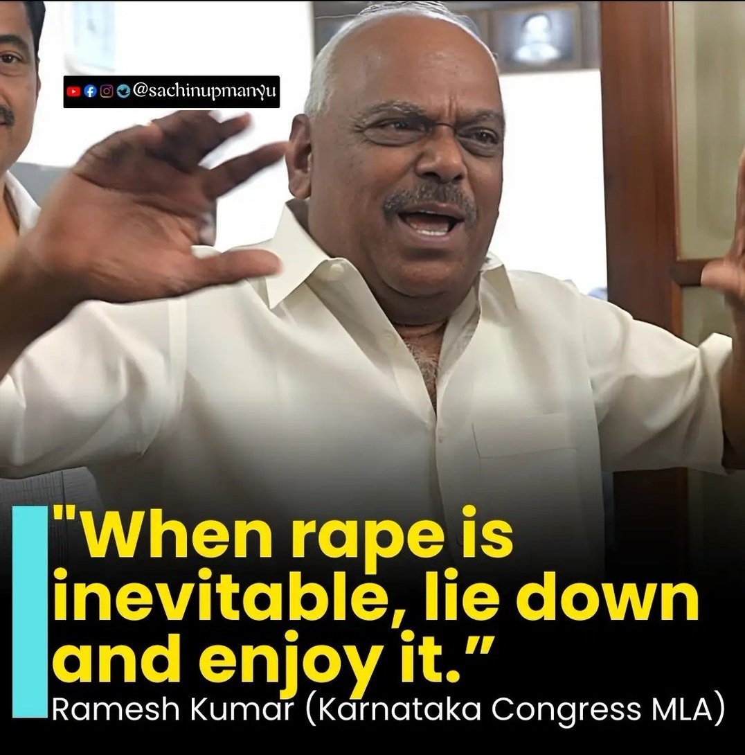 Ajitsinhja11085's tweet photo. Hypothetical question..?
If this Congress MLA from Karnataka #RameshKumar gets sexually assaulted and is inevitable..
Will he enjoy it...? 🤔
On second thought another question comes to mind... has he told this to female members of his family? https://t.co/MUUMqoV3ZF