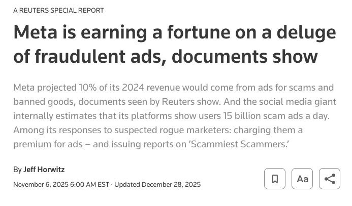 Tech_Oversight's tweet photo. 🥃SHOT: ALLOWED ON META: Scam artists defrauding seniors, veterans, and the most vulnerable

🍺CHASER: NOT ALLOWED ON META: Helping people harmed by Meta’s predatory products

🍋BOWL OF LIMES: 10% of Meta’s 2024 global revenue came from scam ads https://t.co/cx6oq3c2g3