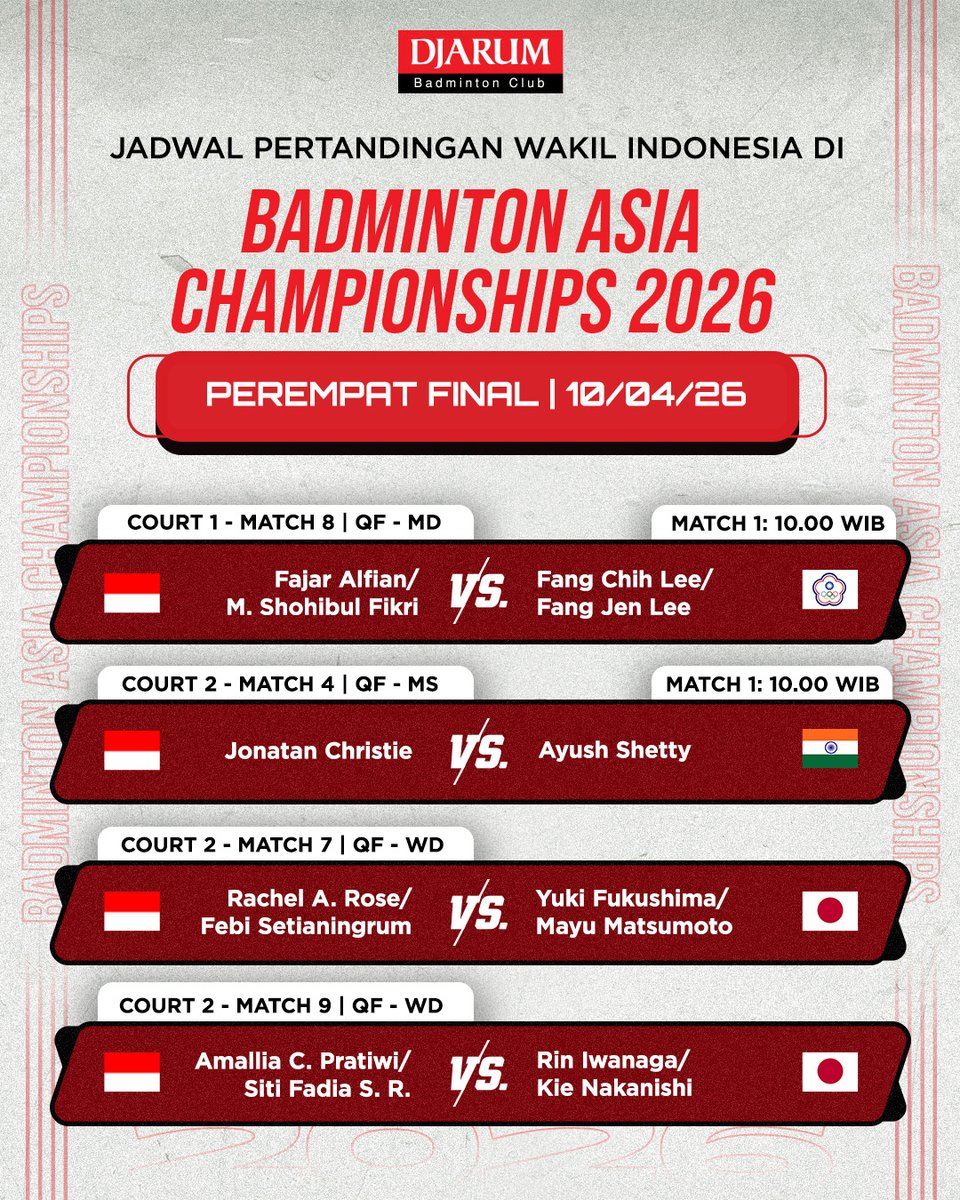 PBDjarum's tweet image. Berikut jadwal pertandingan 5 wakil Indonesia di babak perempat final #BAC2026 yah, Sobat! Pertandingan pertama mulai Pk 10.00 WIB, live di TVRI Sport! 🔥

#tournament #TeruskanSemangatJuara