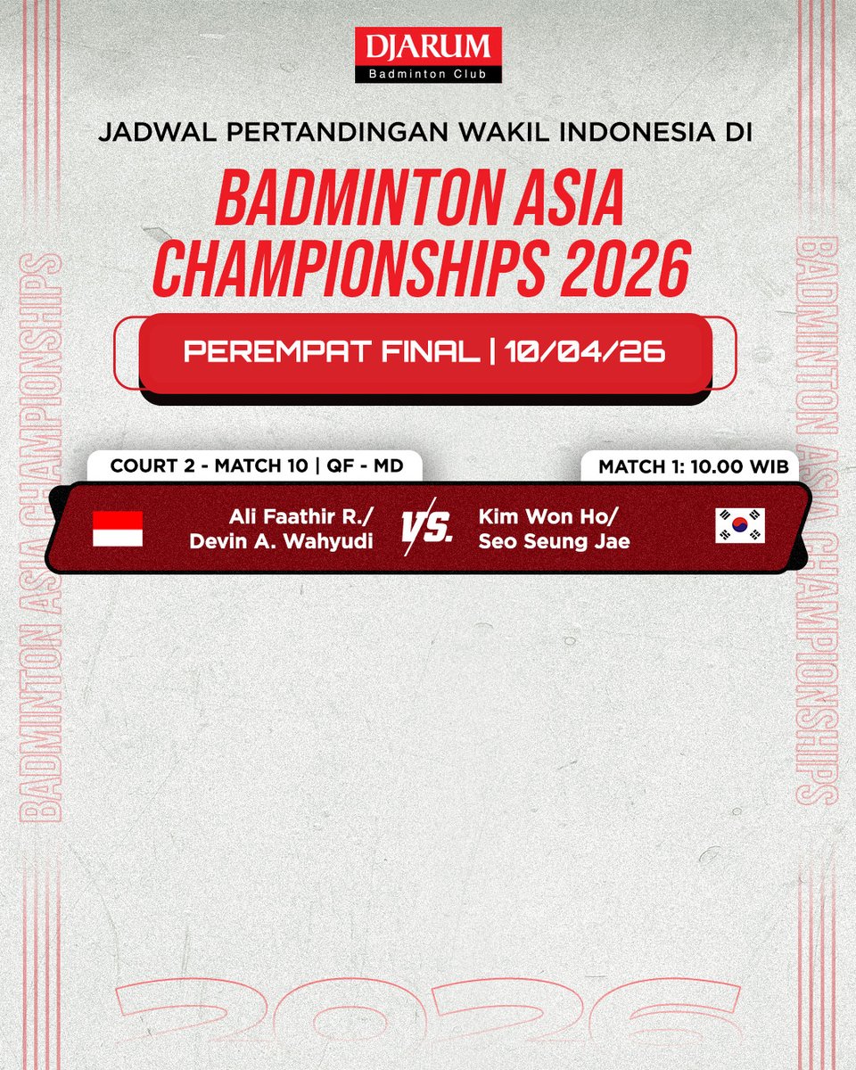 PBDjarum's tweet image. Berikut jadwal pertandingan 5 wakil Indonesia di babak perempat final #BAC2026 yah, Sobat! Pertandingan pertama mulai Pk 10.00 WIB, live di TVRI Sport! 🔥

#tournament #TeruskanSemangatJuara