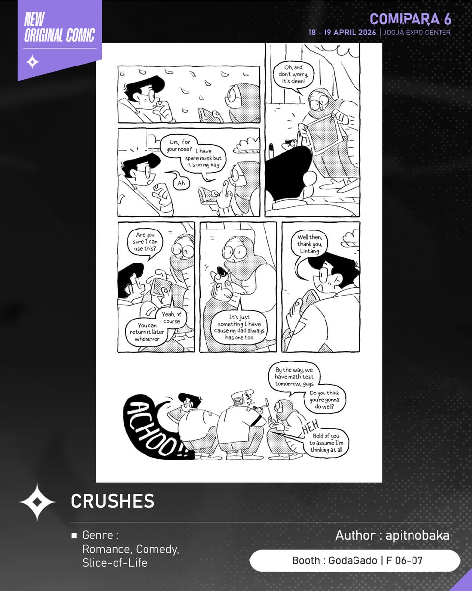 comipara_id's tweet image. [COMIC RAID]
Author: apitnobaka
Booth: F 06-07  -  GodaGado

Ini diaaa komik baru karya Kak apitnobaka, berjudul "CRUSHES" yang akan dijual di Comipara 6 besok lho!

Sampai ketemu di venue! ✨

Comipara 6
18-19 April 2026
Jogja Expo Center

"Connect your passion!"

#comicraid6