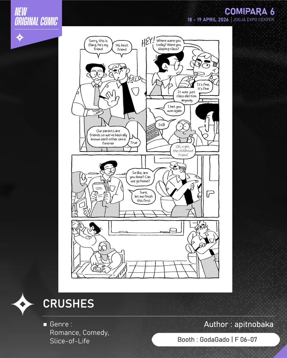 comipara_id's tweet image. [COMIC RAID]
Author: apitnobaka
Booth: F 06-07  -  GodaGado

Ini diaaa komik baru karya Kak apitnobaka, berjudul "CRUSHES" yang akan dijual di Comipara 6 besok lho!

Sampai ketemu di venue! ✨

Comipara 6
18-19 April 2026
Jogja Expo Center

"Connect your passion!"

#comicraid6