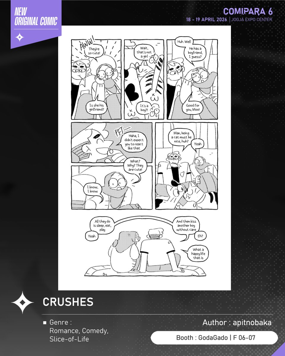 comipara_id's tweet image. [COMIC RAID]
Author: apitnobaka
Booth: F 06-07  -  GodaGado

Ini diaaa komik baru karya Kak apitnobaka, berjudul "CRUSHES" yang akan dijual di Comipara 6 besok lho!

Sampai ketemu di venue! ✨

Comipara 6
18-19 April 2026
Jogja Expo Center

"Connect your passion!"

#comicraid6