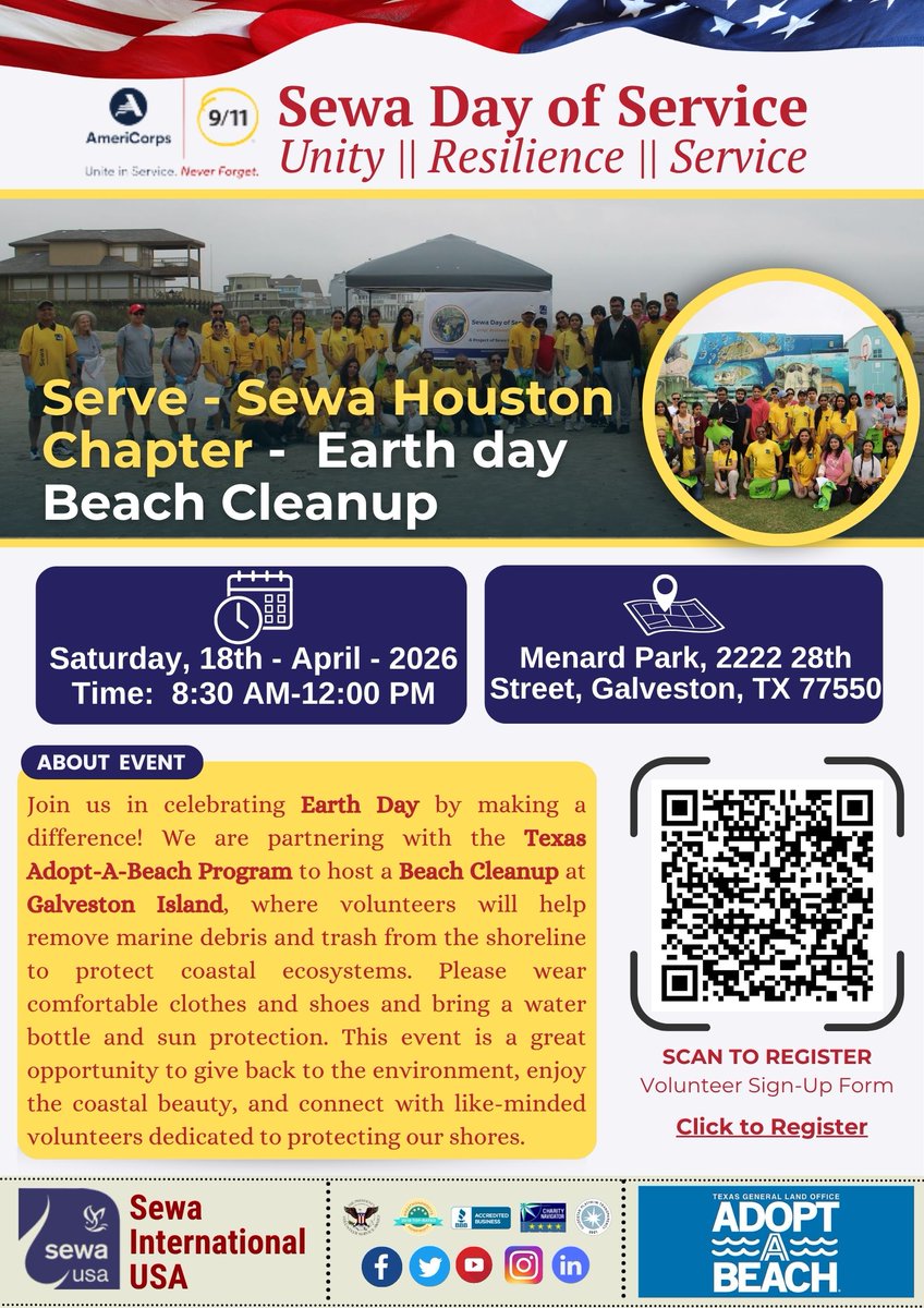 Celebrate #EarthDay  with Sewa International Houston! Join our Galveston beach cleanup to remove marine debris, protect coastal ecosystems, and give back to nature 
📅 Apr 18, 2026 | ⏰ 8:30 AM – 12 PM
📍 Menard Park, Galveston, TX
🔗 Register: sewadayofservice.org/sewa/serve-sew…