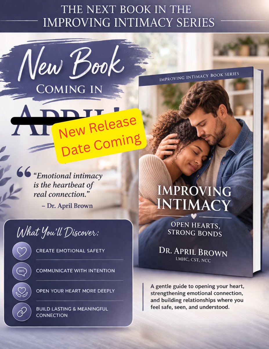 DrAprilTherapy's tweet photo. Exciting news… a new book in the Improving Intimacy Series is on the way! 💙

Stay tuned for the new release date 👀
#ImprovingIntimacy #EmotionalIntimacy #RelationshipGrowth #HealthyRelationships #CouplesTherapy #LoveAndConnection #CommunicationSkills https://t.co/MCKOSPPVqc