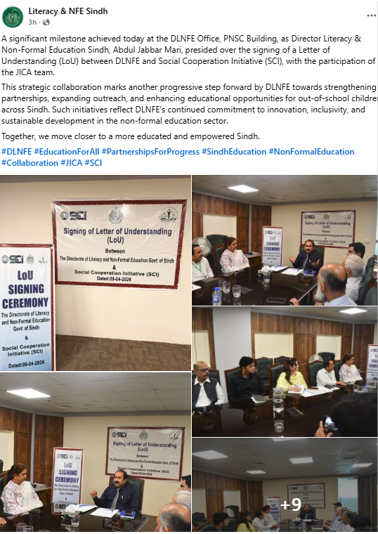 SCIPAKISTAN's tweet photo. SCI is pleased to partner with DLNFE Sindh on signing the LoU to expand non-formal education for out-of-school children, alongside the JICA team. SCI remains committed to strengthening inclusive, community-driven education systems across Sindh. #EducationForAll https://t.co/8fYyksu3VO
