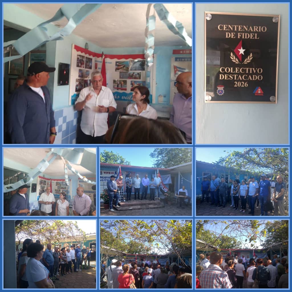 La Empresa Pesquera Sancti Spíritus, Colectivo Destacado 2026, recibió la Placa Conmemorativa Centenario de Fidel.
<a href="/AlbertoLopezcu/">Alberto López Díaz</a> , ministro de la Industria Alimentaria  y <a href="/JorgeLuisFajar8/">Jorge Luis Fajardo Casas</a> , secretario general del SNTIAP, entregaron el reconocimiento al colectivo espirituano.