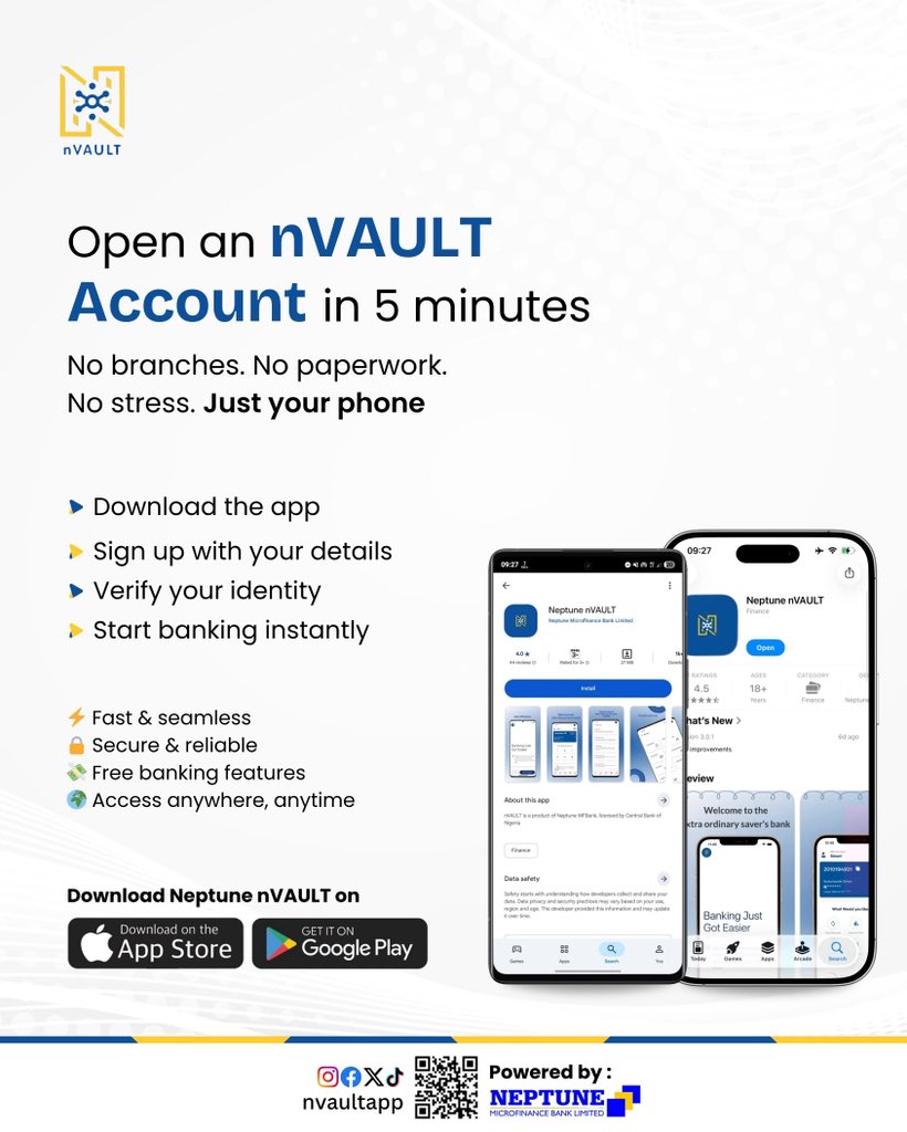 5 minutes is enough to start banking with us 💛

Download Neptune nVAULT on your App Store today!