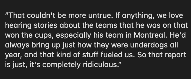 #Isles Mathew Barzal on <a href="/frank_seravalli/">Frank Seravalli</a>'s report that the team was getting tired of Patrick Roy talking about his Stanley Cups: