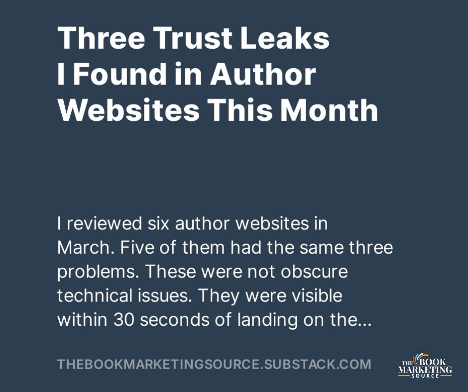 bookmktgsource's tweet photo. Authors often assume the problem is visibility.

Sometimes it’s trust.

I reviewed an author’s website and found 3 subtle trust leaks that quietly weaken credibility with readers.

Small details. Real impact.

👇 Full breakdown in the comments.
#BookMarketing #SelfPublishing https://t.co/3jXk626Y4x