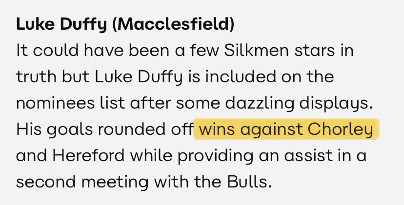 nwakefield39's tweet photo. Interesting decision from @NL_Enterprise to credit @Lukeduffy99 for his goal in Macc’s win over Chorley - a game he didn’t score in… or win! 

Duffy has otherwise been pivotal for @thesilkmen, earning a deserved POTM shout after 5 goal involvements and some stellar performances. https://t.co/zZ5NAaYlG4