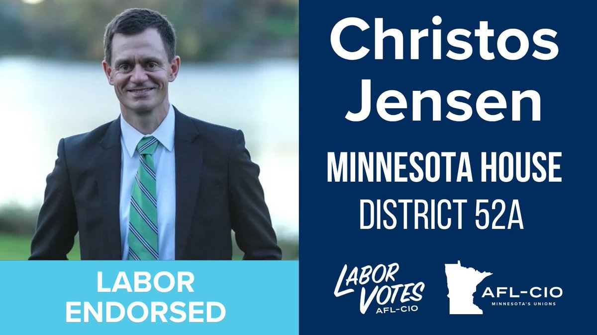 MNAFLCIO's tweet image. Another round of #Labor2026 candidate endorsements! We're proud to endorse @paulcumings in Senate District 53 &amp;amp; Christos Jensen in House District 52A. Working people deserve elected leaders like Paul &amp;amp; Christos who will support us through their actions. #BetterInAUnion #mnleg