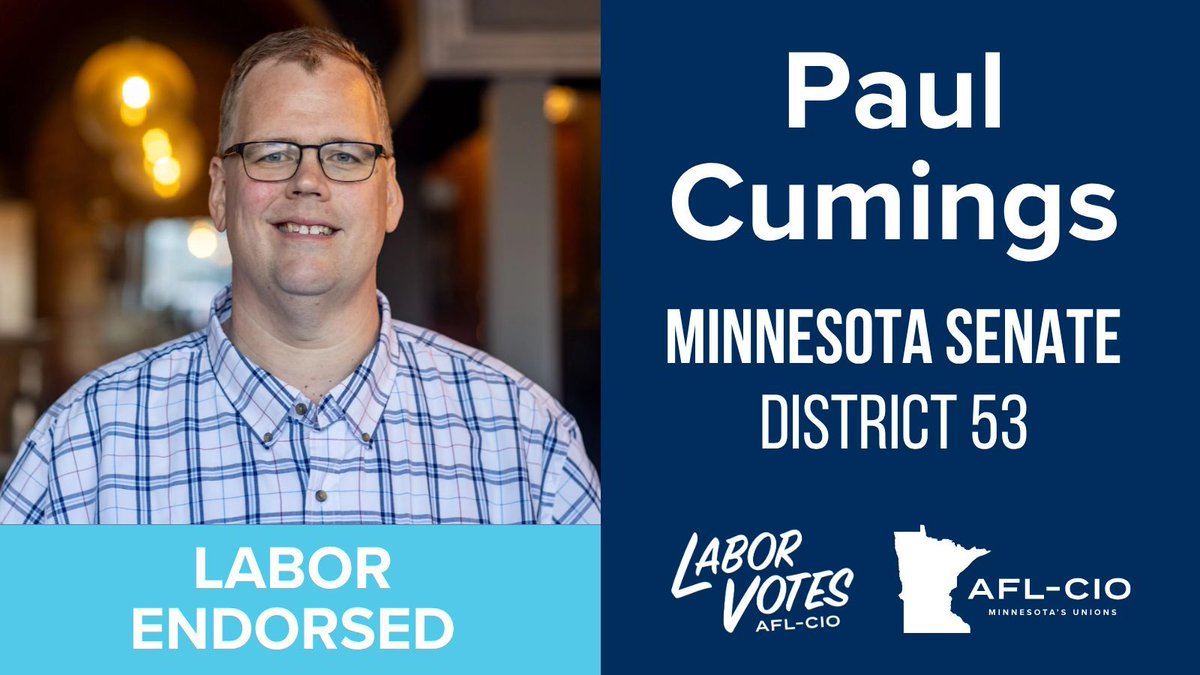 MNAFLCIO's tweet image. Another round of #Labor2026 candidate endorsements! We're proud to endorse @paulcumings in Senate District 53 &amp;amp; Christos Jensen in House District 52A. Working people deserve elected leaders like Paul &amp;amp; Christos who will support us through their actions. #BetterInAUnion #mnleg