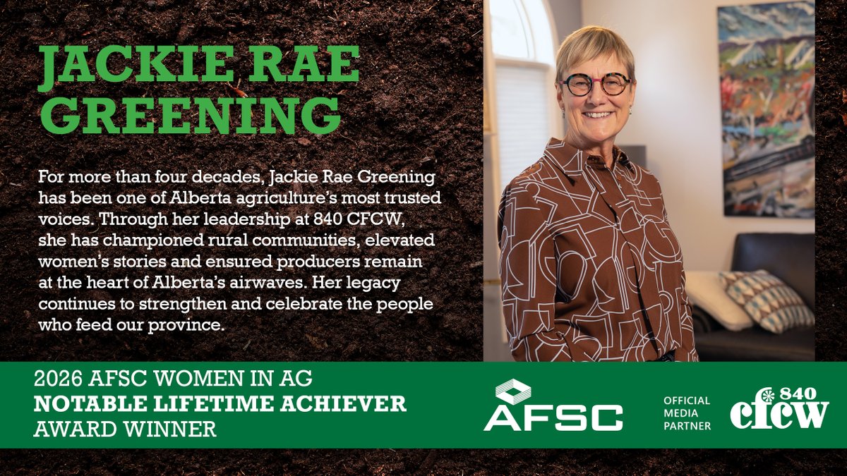 AFSC_AB's tweet photo. AFSC Women in Ag Award | Winner Spotlight: Jackie Rae Greening has been one of Alberta ag’s most trusted voices for over four decades, ensuring producers remain at the heart of our airwaves.

Watch ➡️ https://t.co/U4RScu0aCJ

Catch her tomorrow on the 840 CFCW Ag Show at noon. https://t.co/1FyD8JEEqF