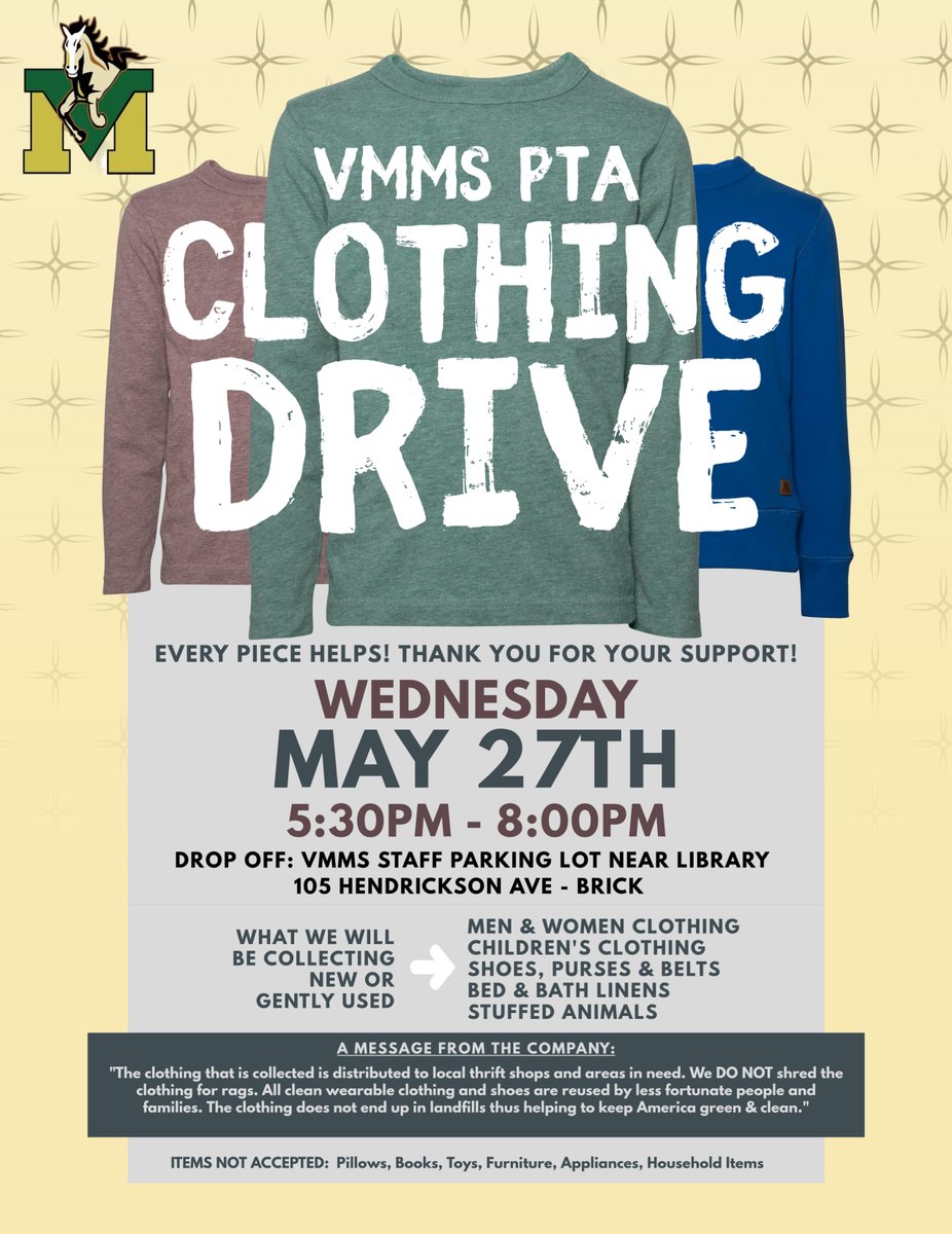 VMMSPTA1's tweet photo. REMINDER: Spring Clothing Drive tonight, 5:30–8pm! Donation trailer in the staff lot by the library. Thanks for supporting our school and community! @VMMSMustangs @MsTri_teach_run @MGawronskiVP https://t.co/oVOLw2Pcnm