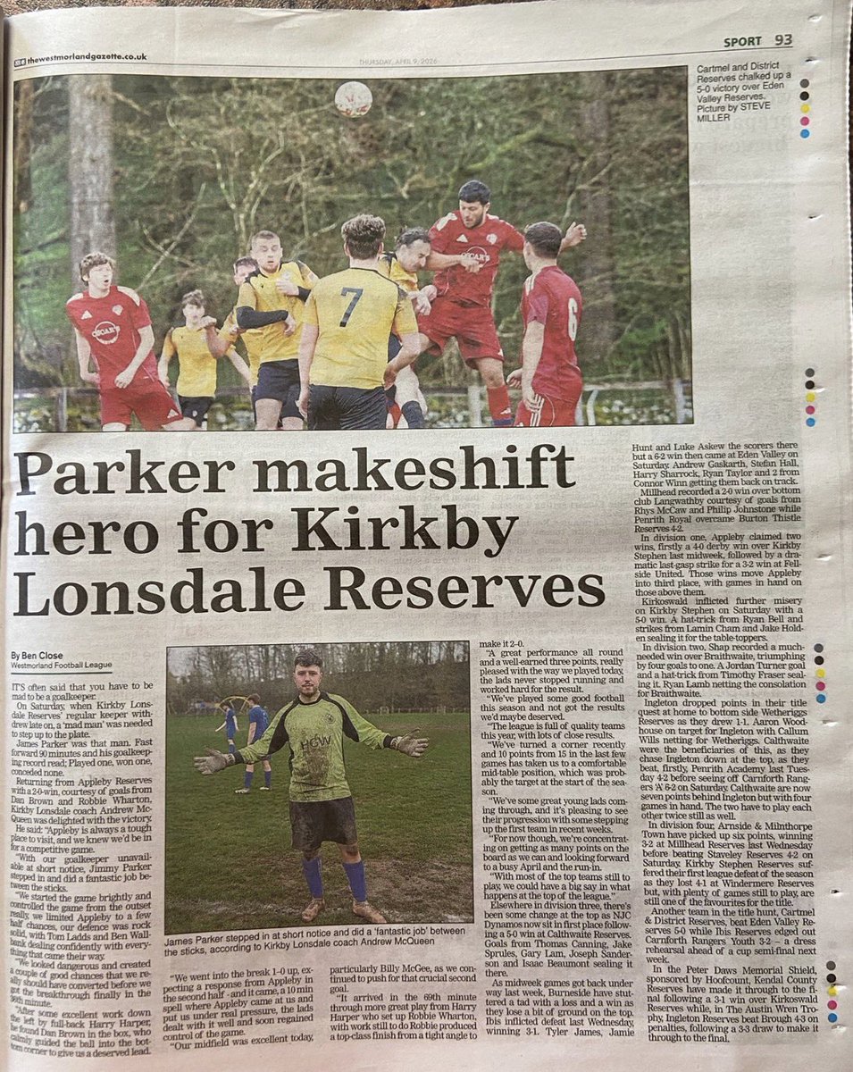 WestmorlandFL's tweet photo. WESTMORLAND GAZETTE

This weeks article 

👉 @KirkbyLonsFC Res have an unlikely hero in Parker

👉 McQueen delighted with club progress

👉 Tight on the top of all four divisions 

👉 @KendalCounty Res and @ingletonfc Res into cup finals

👉 2 in 2 for @Arn_and_Miln_FC https://t.co/mT7JJw4voW