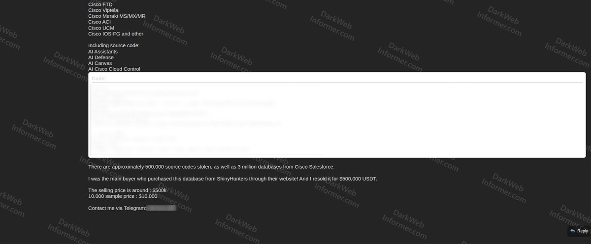 DarkWebInformer's tweet image. ‼️🇺🇸 Threat actor claims to be selling Cisco source code and database containing 3.15 million Salesforce records, allegedly stolen by UNC6040/ShinyHunters for $500,000.

The data reportedly includes source code for various Cisco products including IOS, ASA, and NX-OS, along with