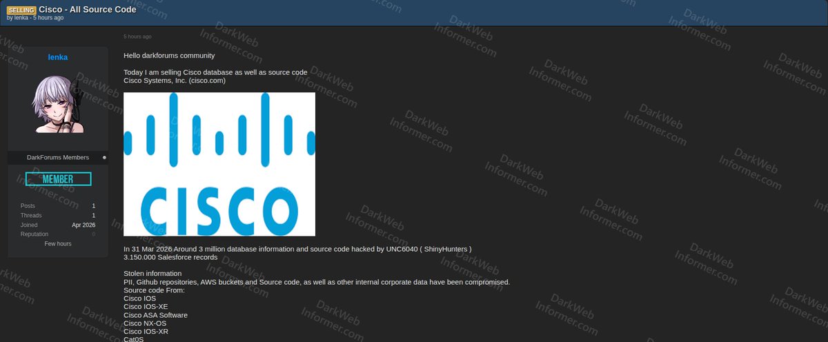 DarkWebInformer's tweet image. ‼️🇺🇸 Threat actor claims to be selling Cisco source code and database containing 3.15 million Salesforce records, allegedly stolen by UNC6040/ShinyHunters for $500,000.

The data reportedly includes source code for various Cisco products including IOS, ASA, and NX-OS, along with