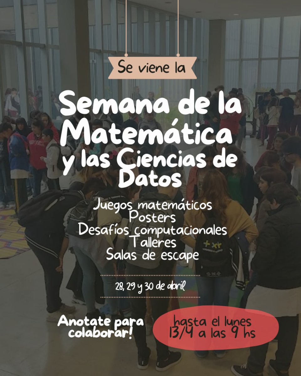 dm_exactasuba's tweet photo. 📢 Buscamos estudiantes y graduados de FCEN que quieran colaborar en las actividades de divulgación de la Semana de la Matemática.

🎲 Habrá talleres, charlas y stands de juegos para los distintos colegios que nos van a estar visitando.

¡Anotate acá!
https://t.co/kxUB8j0ZdN https://t.co/nevcnDXI61