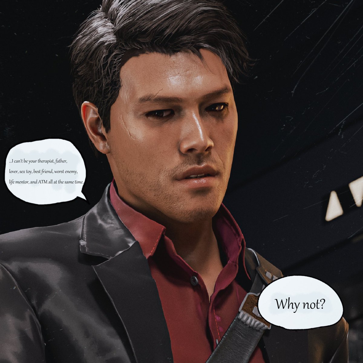 GRUPPESECHS_'s tweet photo. "...I can't be your therapist, father, lover, sex toy, best friend, worst enemy, life mentor, and ATM all at the same time."

"Why not?"

#Kenshi #KenshiTakahashi #MortalKombat #MK1 https://t.co/zmUFsX722J