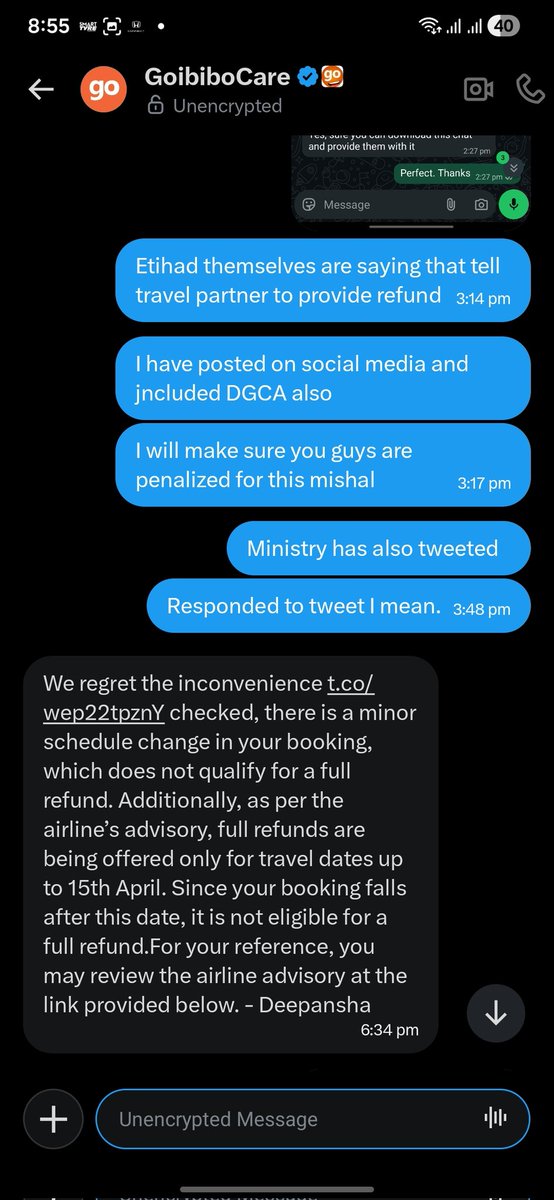 mrudulp15's tweet photo. @MoCA_GoI Dear sir, see the Audacity @GoibiboSupport  has. Even after Etihad has confirmed full refund they are not providing full refund. @makemytripcare @GoibiboSupport should be banned for such harassment https://t.co/UVdXZKfGXd