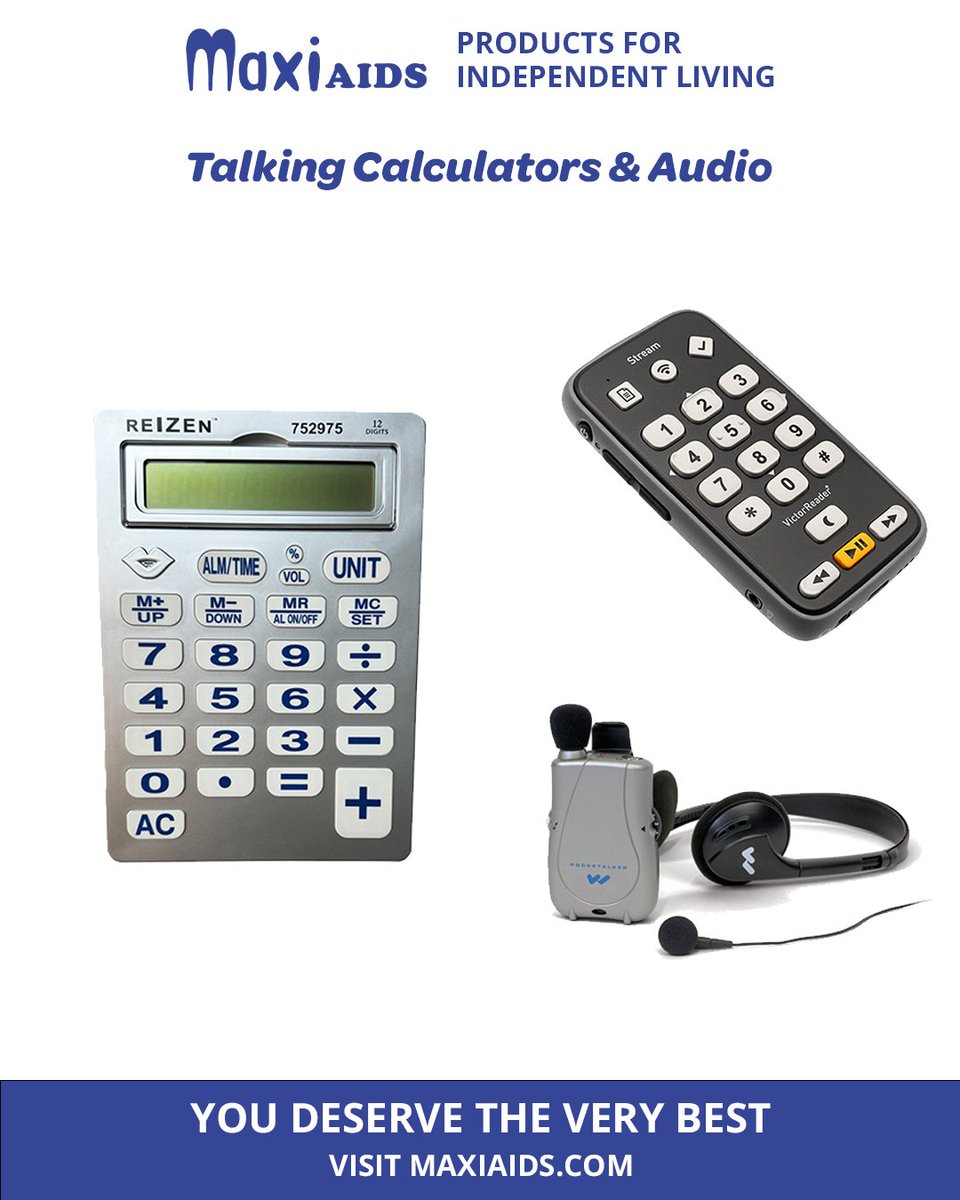 MaxiAids's tweet image. Tools for the way you live and learn. 🎧

🔢 Reizen 12-Digit Jumbo Talking Calculator
📻 Victor Reader Stream 3
🔊 Pocketalker Ultra

Link in bio!

#TalkingCalculator #AudioTech #LowVision #HardOfHearing #AdaptiveTech #MaxiAids