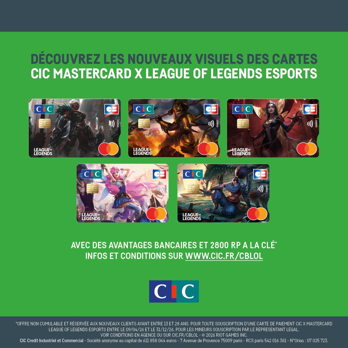 cic's tweet photo. Passionné d'esport et fan de League Of Legends ?
Découvrez les nouveaux visuels des cartes CIC Mastercard x League of Legends esport avec des avantages bancaires et 2800 RP offerts.