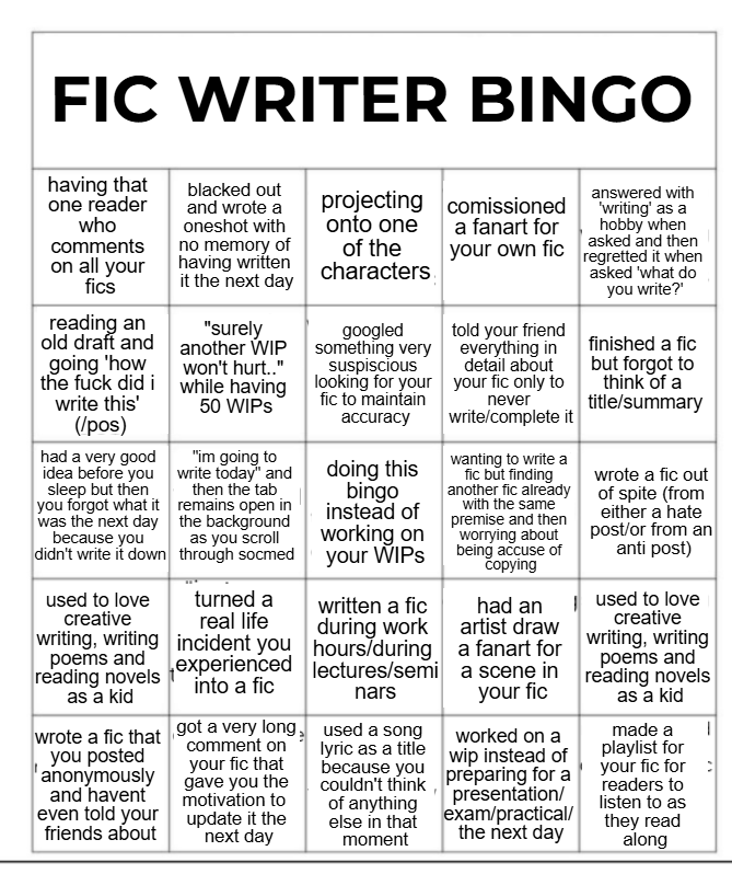 fic writer bingo! have fun everybody