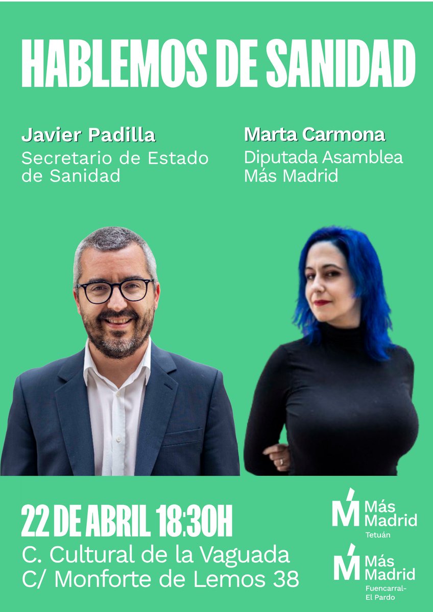 MasfuencarralE's tweet photo. Te invitamos a debatir sobre sanidad
 📅 Miércoles, 22 de abril de 2026
🕐 18:30h
📍 Centro Cultural La Vaguada (C/ Monforte de Lemos, 38 – Barrio del Pilar)

El próximo 22 de abril te invitamos a un encuentro abierto sobre sanidad pública https://t.co/qZRUJrB0n3
