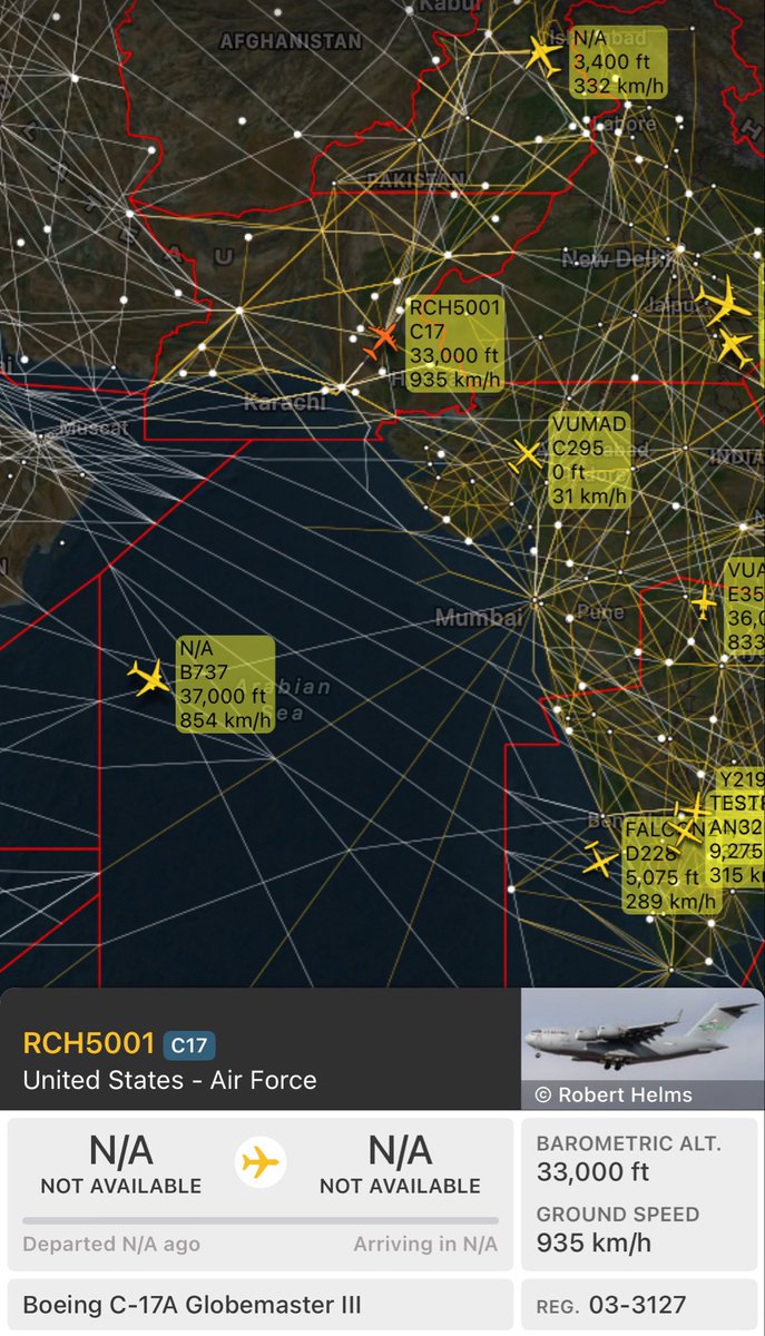 BlackStorks53's tweet photo. A C - 17A Globe Master III Of USAF Entered Pakistan Airspace . 

Registration Number 03 - 3127 . 
Call Sign RCH5001 . 

App @flightradar24 . https://t.co/51F56G1bXf