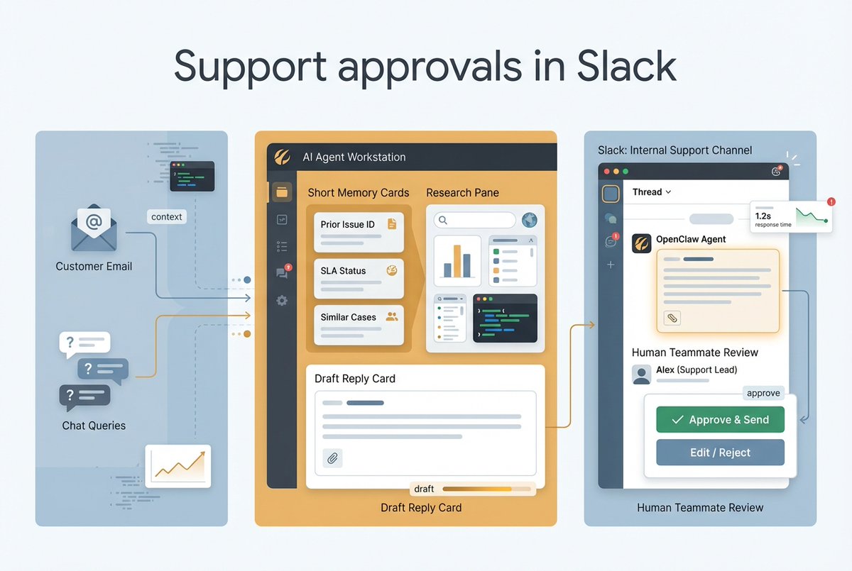 levon377's tweet photo. Best OpenClaw use case of the day: Support escalation queue with Slack approvals

One OpenClaw pattern I keep finding interesting is using it as the layer between inbound support and the team itself.

Not a bot replying straight to customers, more like an internal escalation desk in Slack that pulls context from docs, tickets, and past threads, then drafts the reply for a human to approve.

That is the part I actually buy. The agent does the boring pass: research, summarize, draft, route. A real person still decides what gets sent. Much more believable than the usual "AI handles support" pitch.