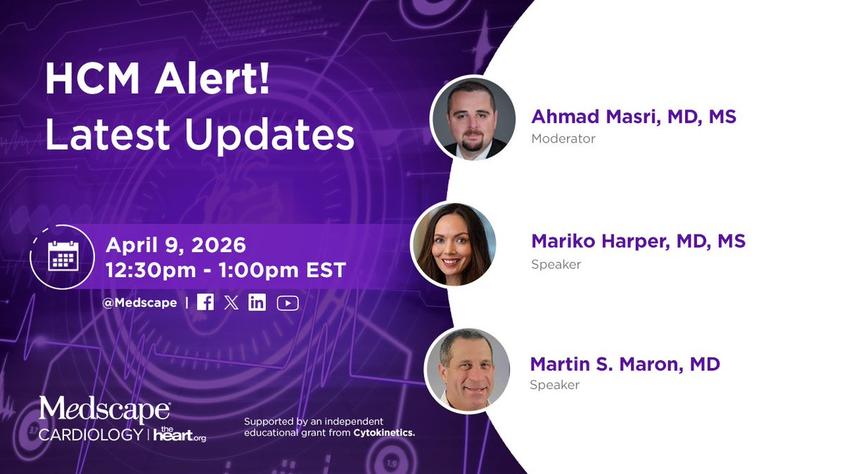 Medscape's tweet image. Starting in 1 HOUR ➡️ youtube.com/watch?v=Elo8el… 

HCM management is changing - are you staying current? Join our live social event to explore new clinical solutions and trial data with our expert faculty.

See you there!

#Cardiology #HCM #ACC26 #CME