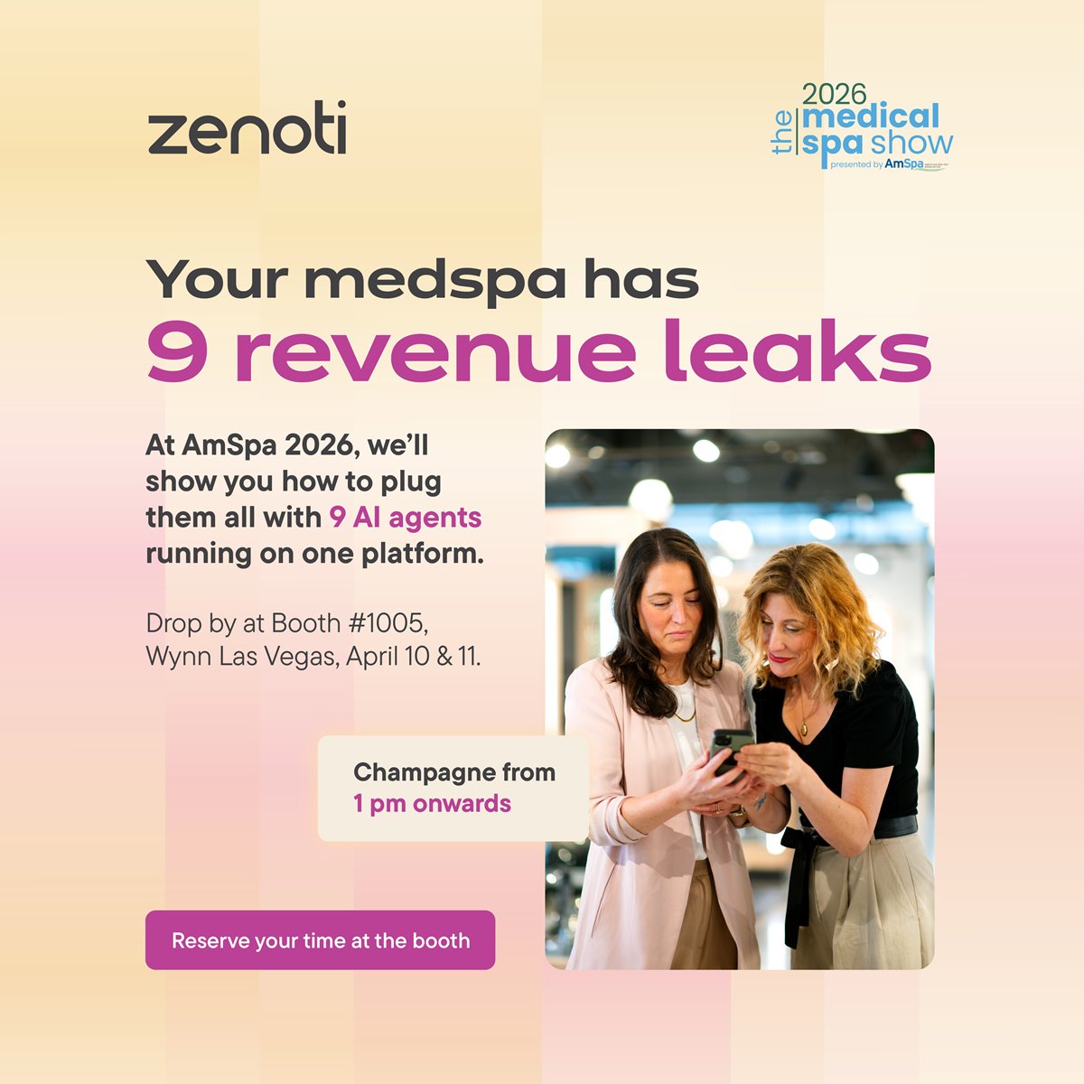 gozenoti's tweet image. Your medspa probably has 9 revenue leaks right now.
Not a guess — we'll show you exactly what they are and how AI fixes them.
📍 Booth #1005 | AMSPA 2026 | Wynn Las Vegas
🗓 April 10 &amp;amp; 11 | 🥂 Champagne from 1 PM
Reserve your walkthrough 👇
#AMSPA2026 #MedSpa #Zenoti
