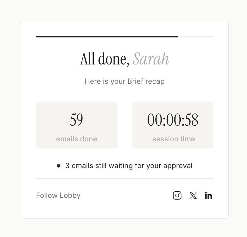 SarahAllali7's tweet photo. Morning brief with @thelobbyai 
59 emails cleared in <1min
Let's go 🎉 https://t.co/HJHlEhMeyT