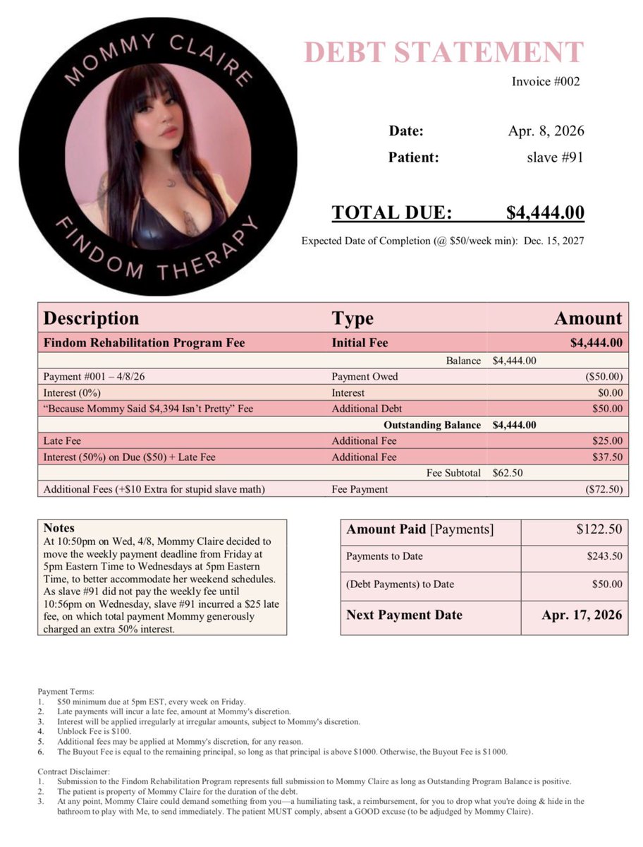 slave #91 has the prettiest debt contract with Mommy for her expertise in Findom Therapy! 🩷

it is going to be paying this off for a very long time… too bad I don’t care about anything except getting what I want! 😚